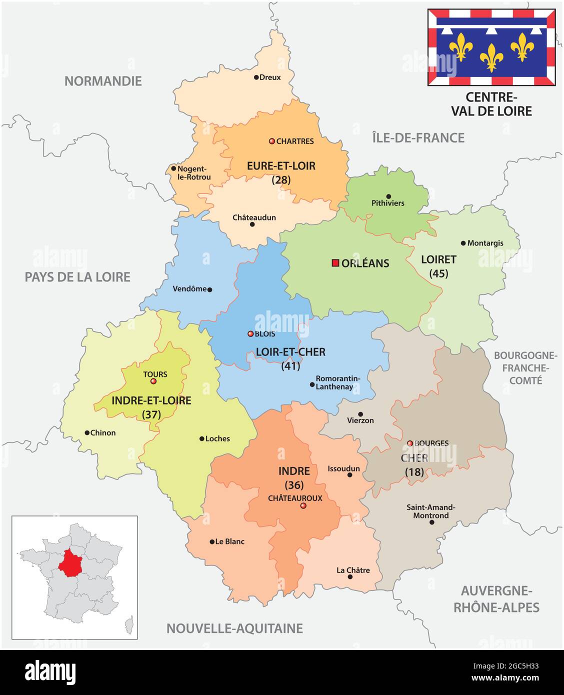Mappa amministrativa vettoriale della regione Centre-Val de Loire in Francia con bandiera Illustrazione Vettoriale