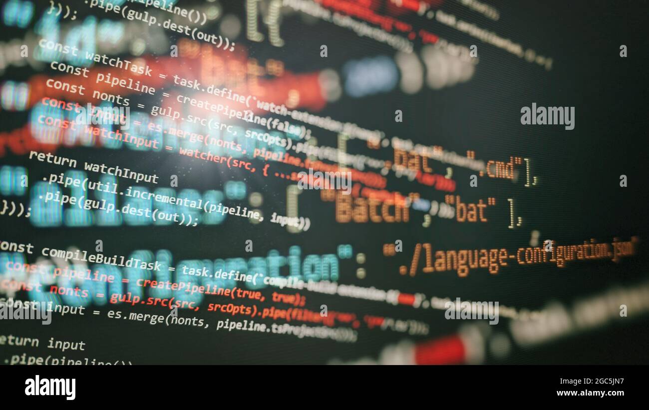 Script del computer. Sfondo del software. Foto del codice sorgente. Codice di programmazione del sito Web. Schermo sviluppatore programmatore. Sviluppatore che lavora sui codici di programma in Foto Stock