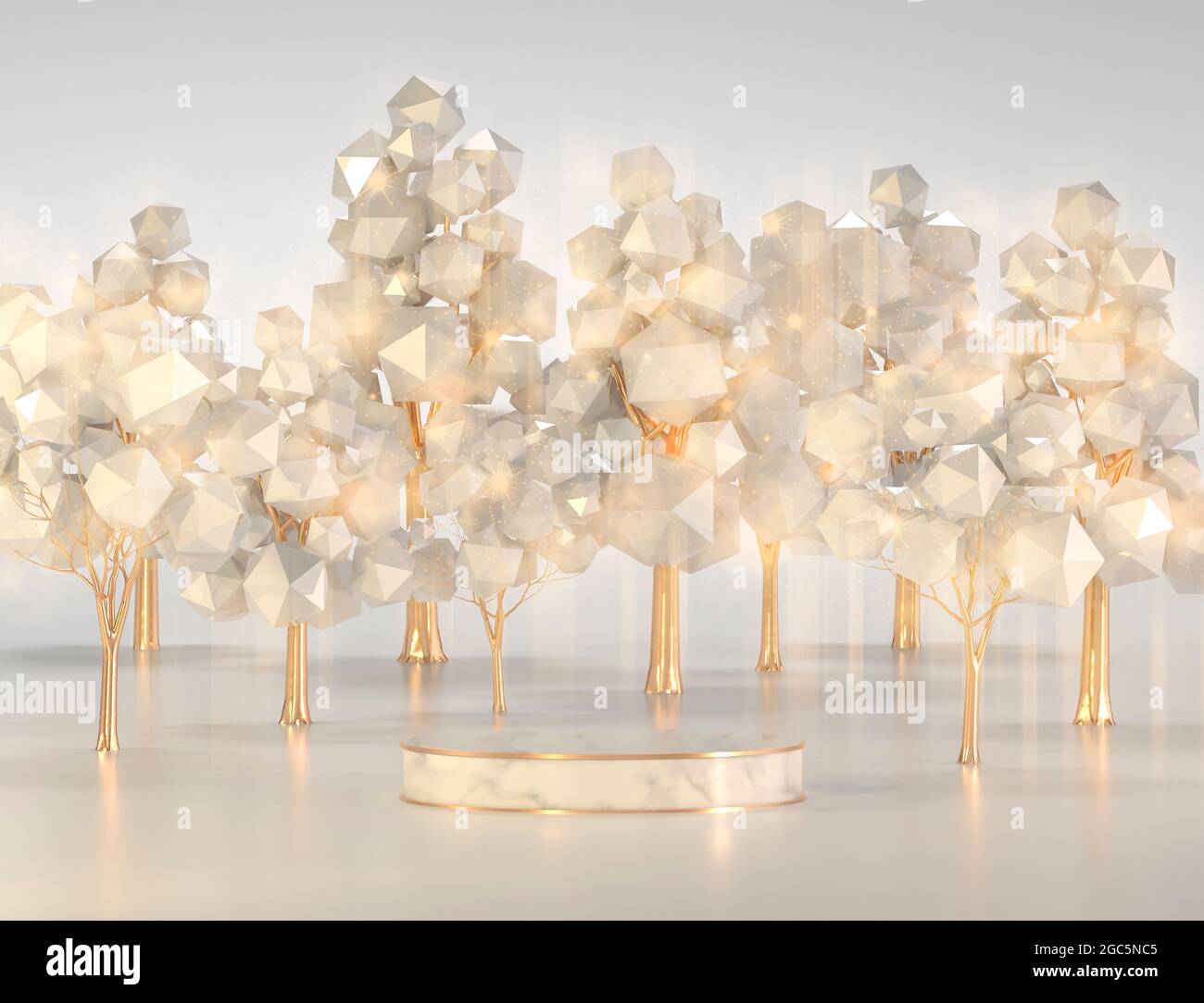 Foresta invernale astratta e scintillante intorno al podio. Alberi di perle e oro e un piedistallo bianco di marmo. Un'illustrazione della natura di un prodotto presenta Foto Stock