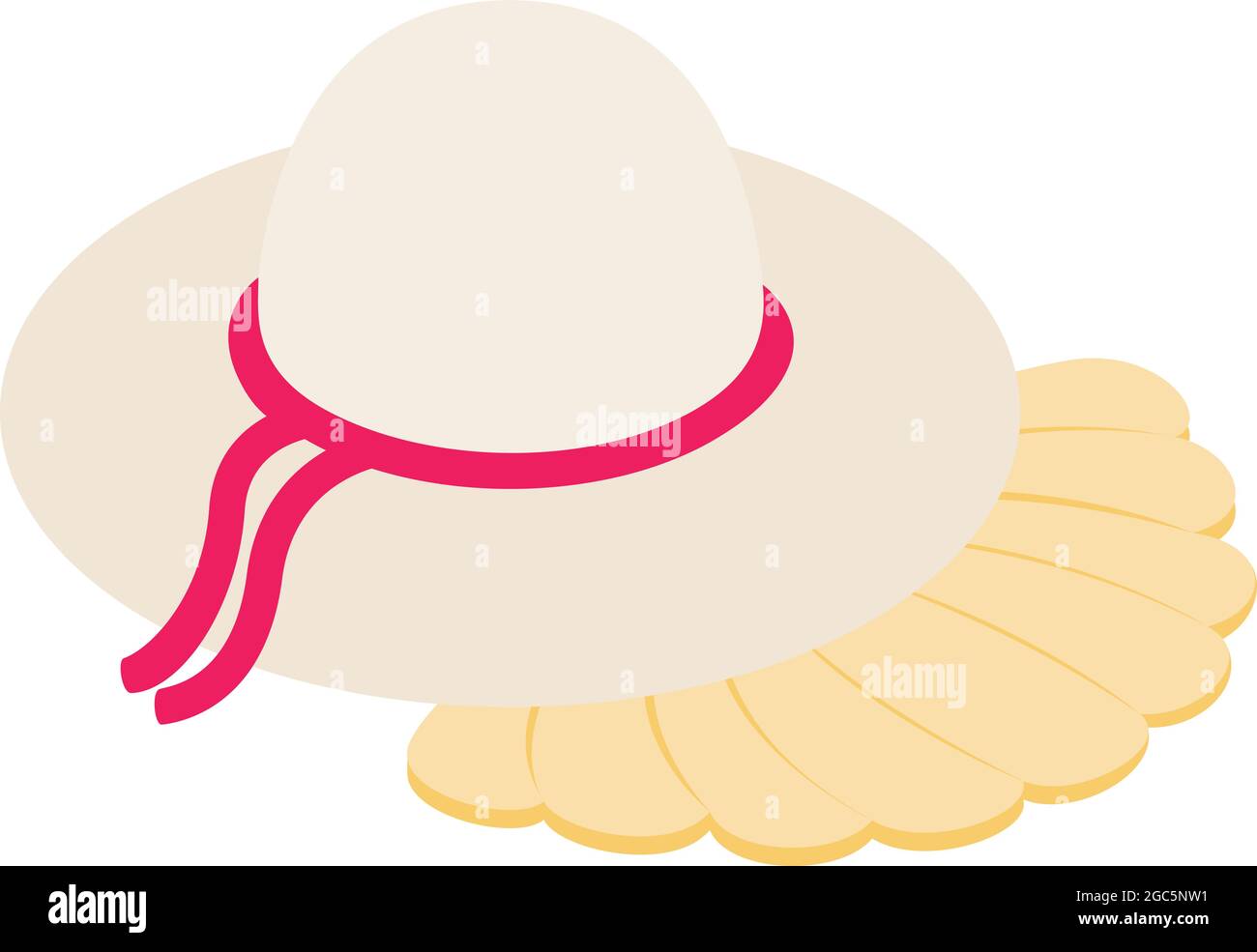 Icona vacanza spiaggia vettore isometrico. Cappello da sole femminile bianco e conchiglia del cuoio capelluto. Accessorio spiaggia, riposo estivo Illustrazione Vettoriale