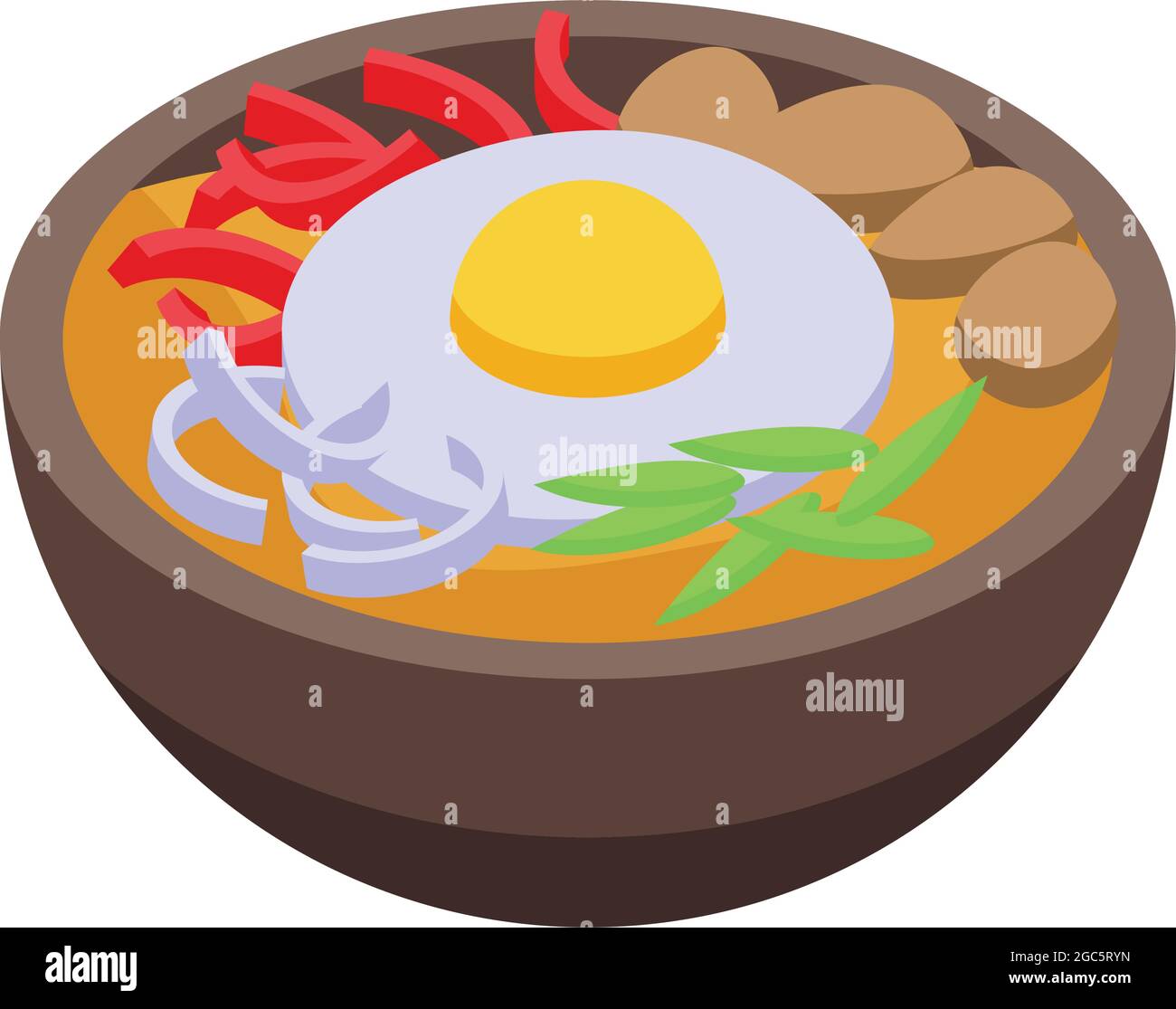 Vettore isometrico dell'icona fritta dell'uovo coreano. Cibo cinese. Zuppa di snack Illustrazione Vettoriale