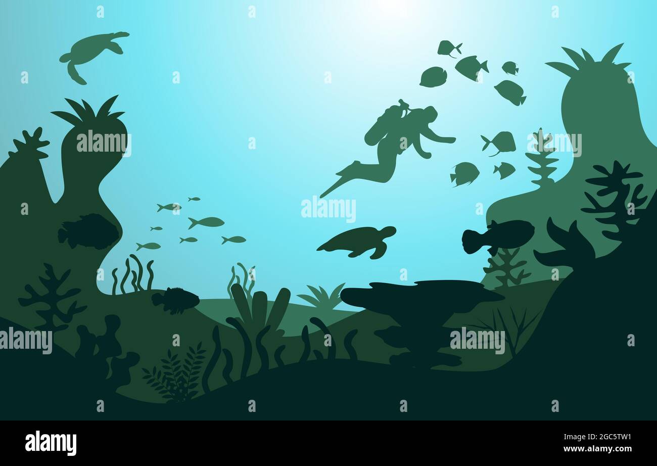 Wildlife Diver Fish Sea Ocean Underwater Aquatic Flat Illustrazione Illustrazione Vettoriale