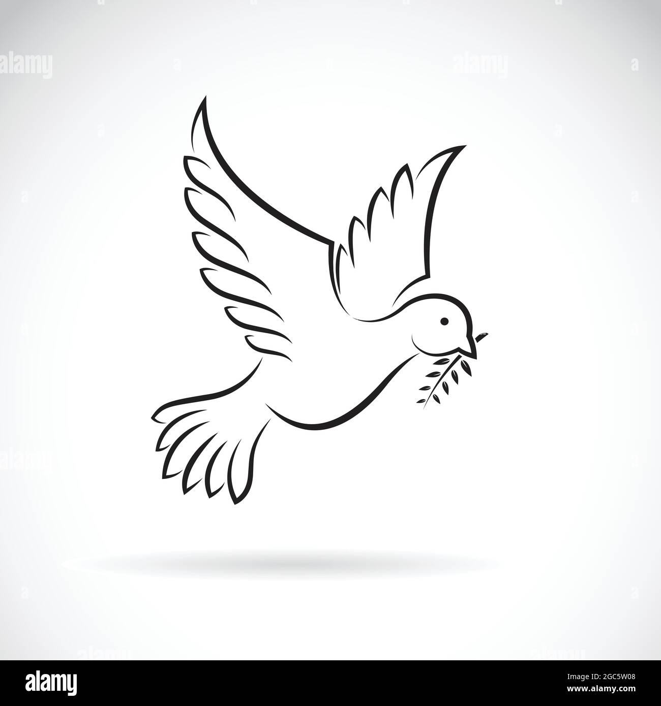 Vettore di colomba nera di pace con ramo di ulivo su sfondo bianco. Disegno degli uccelli. Animali. Illustrazione vettoriale a livelli facilmente modificabile. Illustrazione Vettoriale