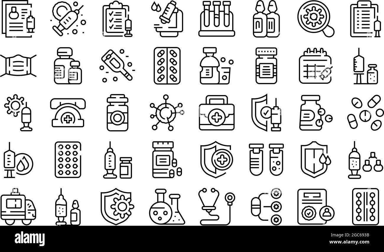 Le icone dei medicinali antivirali impostano il vettore di contorno. Siringa Covid. Iniezione di farmaco Illustrazione Vettoriale