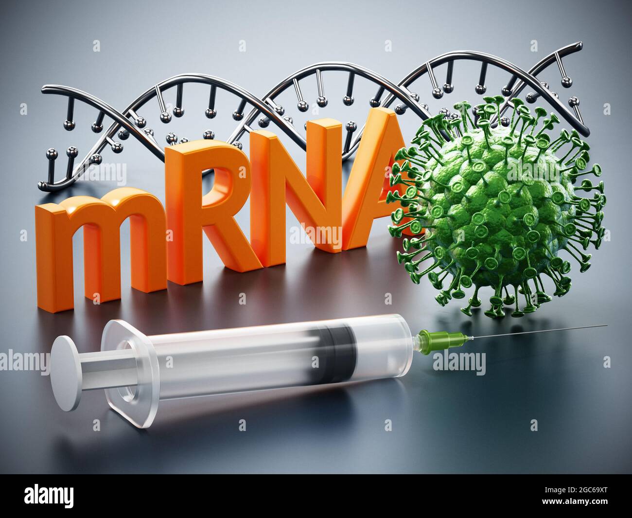 Modello di DNA, siringa, modello di virus e testo di mRNA su una superficie grigia. Illustrazione 3D. Foto Stock