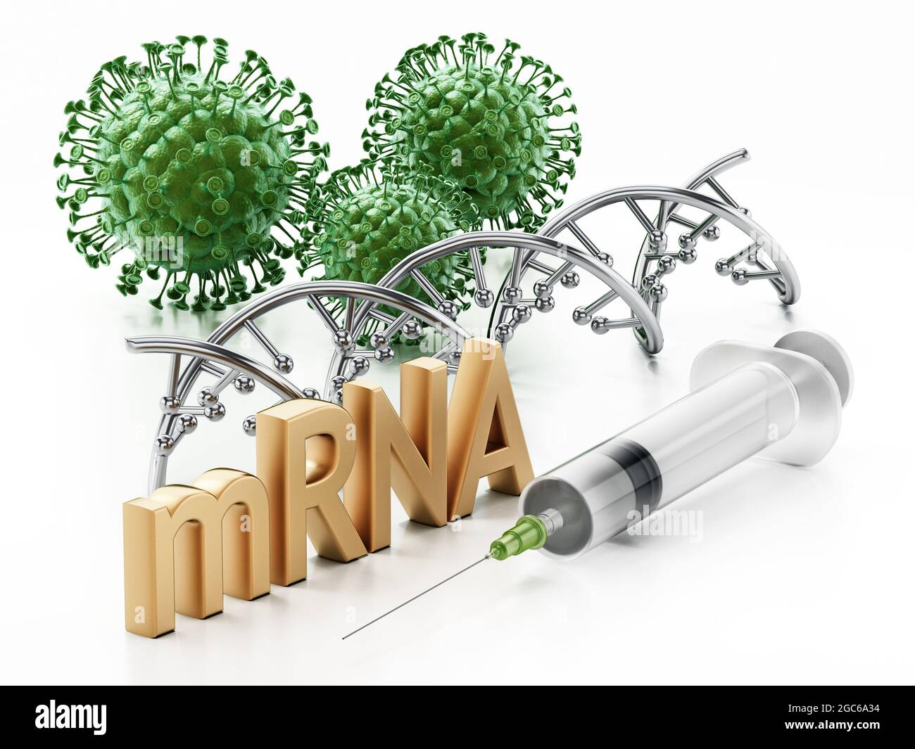 Modello di DNA, siringa, modello di virus e testo di mRNA isolati su sfondo bianco. Illustrazione 3D. Foto Stock