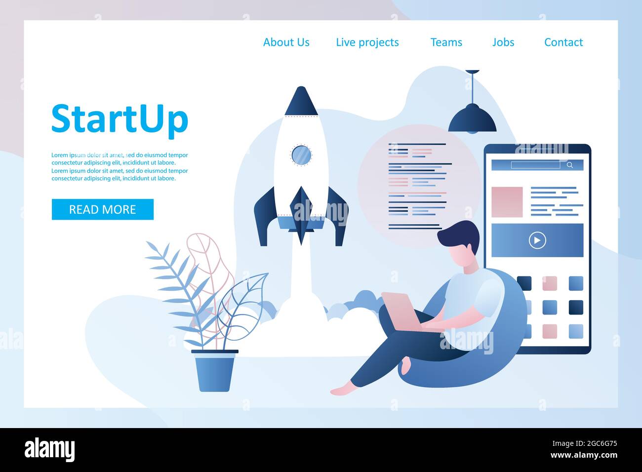 Start up progetto web landing page, astronave decollo, sviluppo di app - front-end e back-end, carattere maschile con laptop, trendy vettore di stile illustra Illustrazione Vettoriale