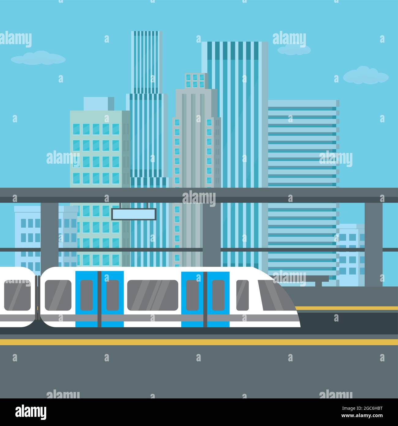 Stazione della metropolitana o dello skytrain, metropolitana della città, vista della città con grattacieli sullo sfondo, illustrazione vettoriale piatta Illustrazione Vettoriale