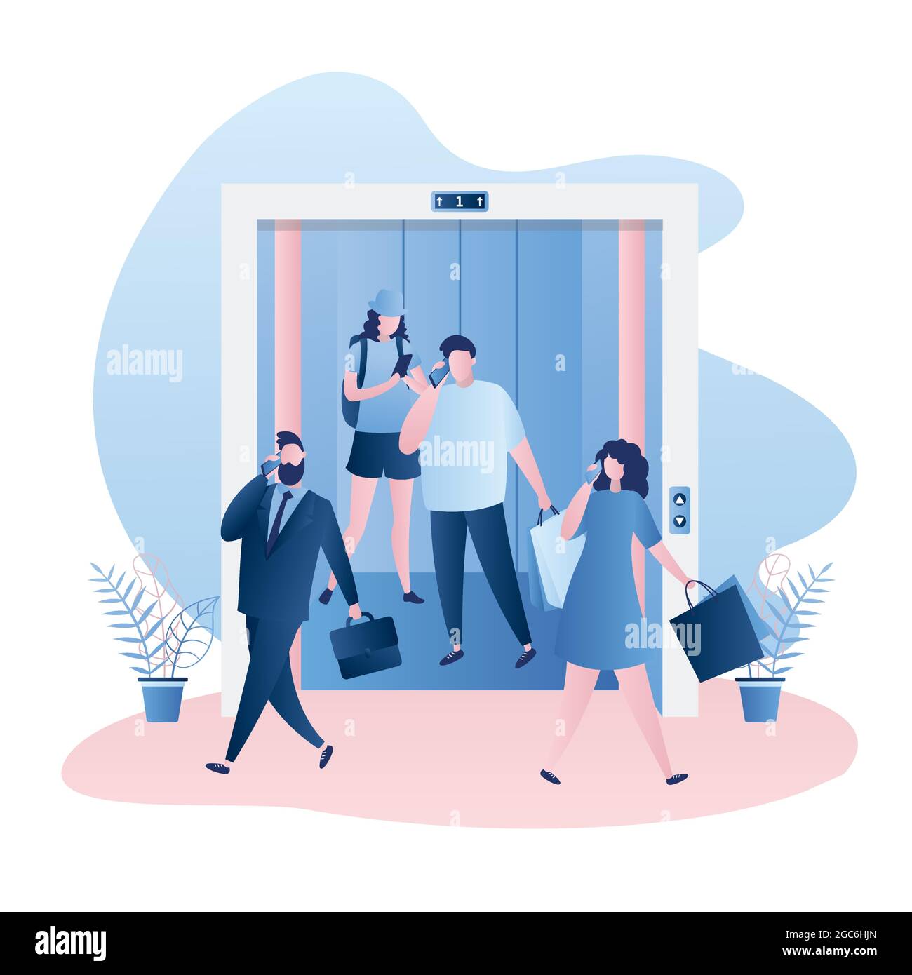 Ascensore o ascensore con porte aperte, diverse persone nell'ascensore e nei dintorni, personaggi degli affari e dello shopping, illustrazione vettoriale di stile alla moda Illustrazione Vettoriale