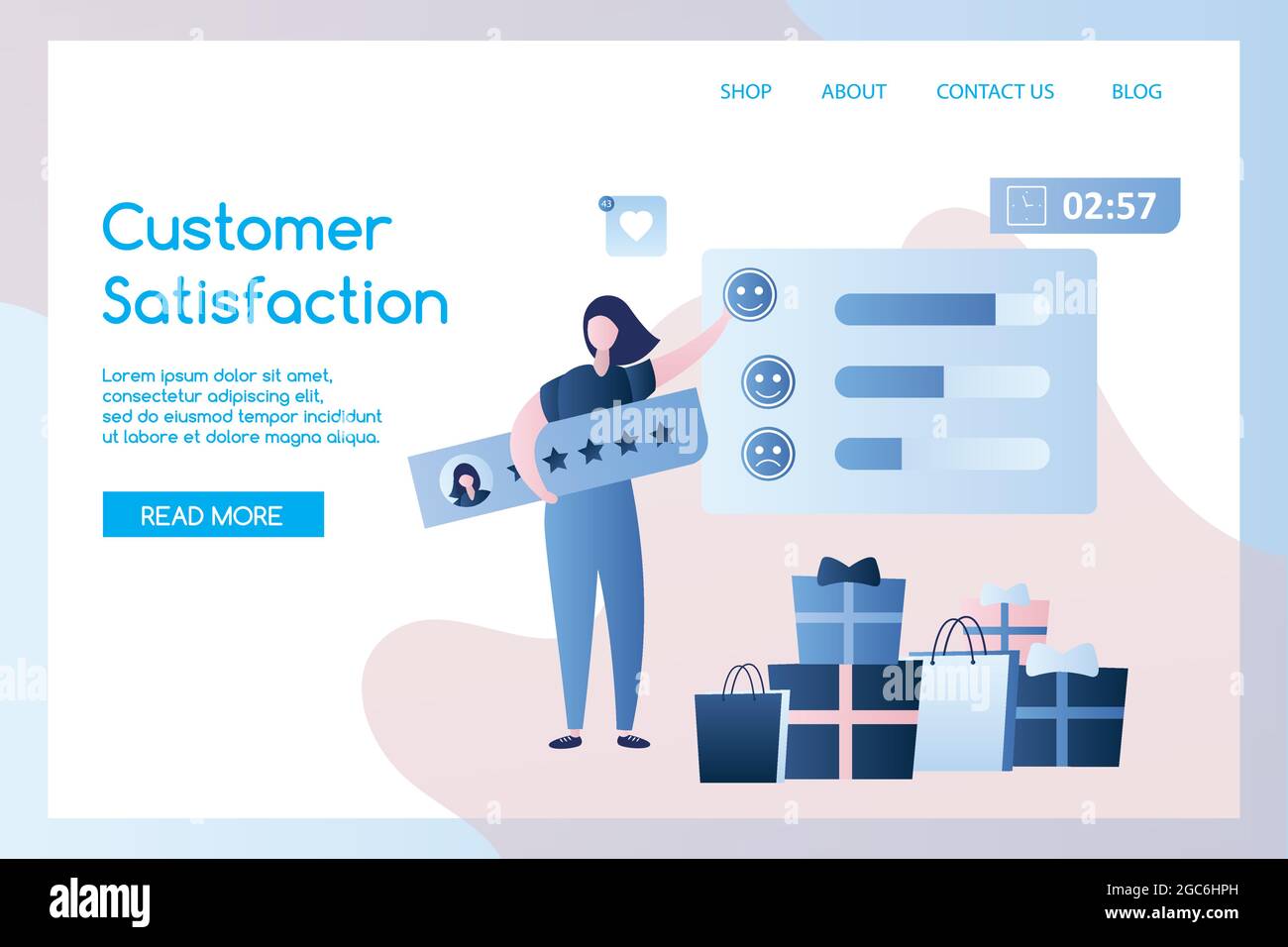 soddisfazione del?ustomer e pagina di atterraggio di testimonial, donna con la tavola di valutazione, borse di shopping e regali, carattere femminile nello stile semplice trendy, vettore il Illustrazione Vettoriale