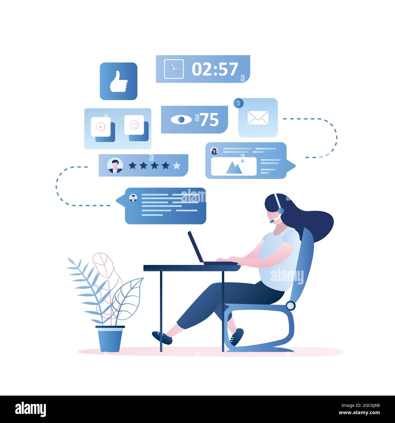 Supporto e feedback online, consulente femminile con cuffie sul posto di lavoro, bolle vocali con segni e simboli internet, stile alla moda vettore illustra Illustrazione Vettoriale