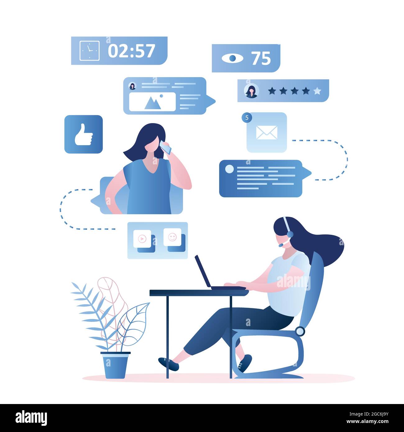 Ragazza assistente con cuffia sul posto di lavoro, sfondo di supporto online, concetto di feedback con vari web segni, donna venditore online, vettore di stile alla moda i Illustrazione Vettoriale