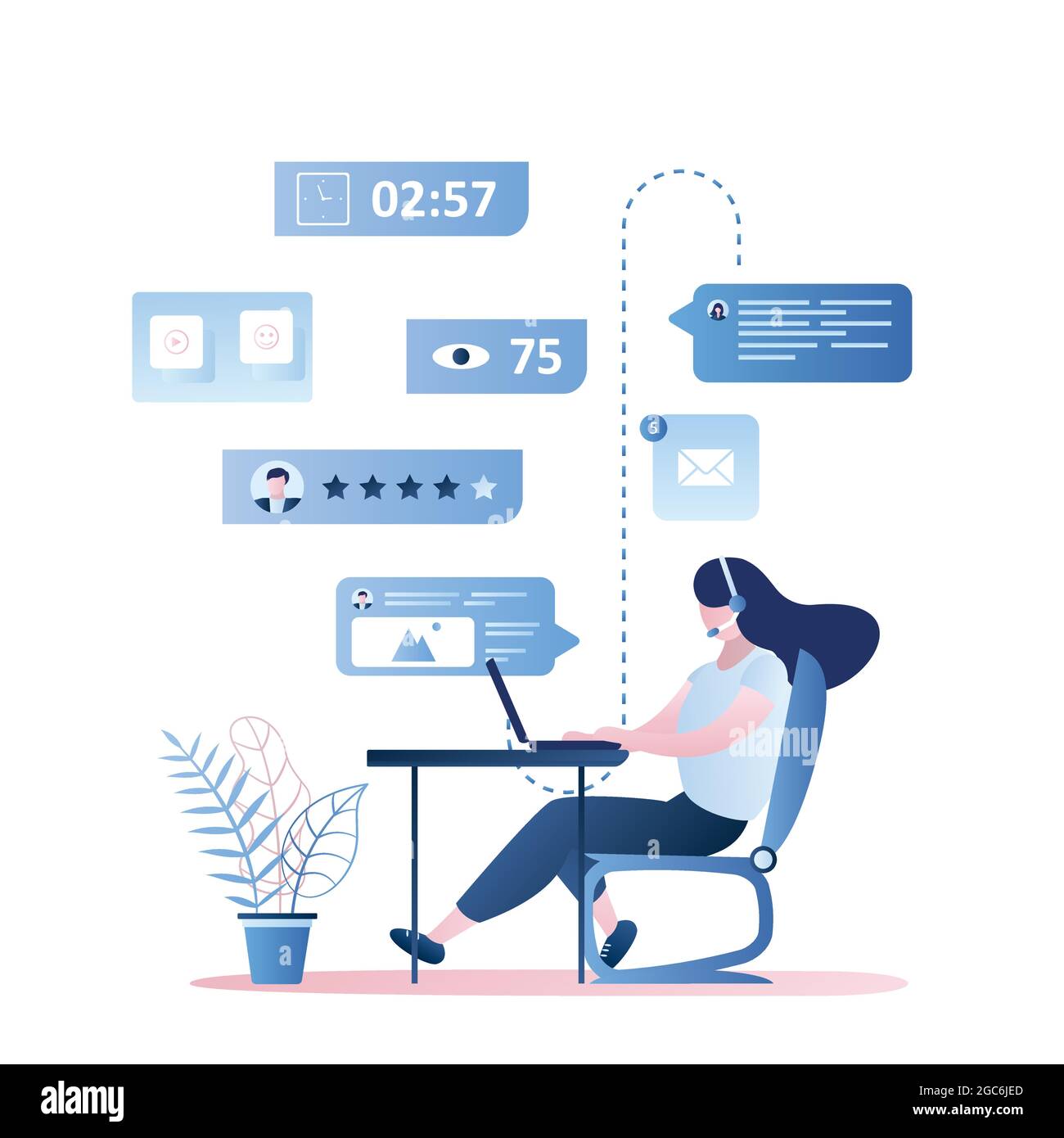 Supporto e feedback online, consulente femminile con cuffie sul posto di lavoro, bolle vocali con segni e simboli internet, stile alla moda vettore illustra Illustrazione Vettoriale