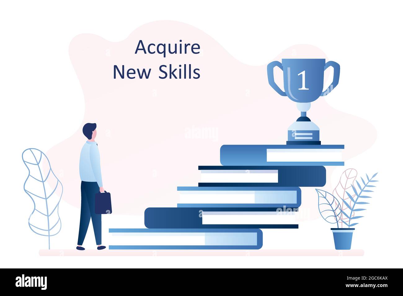 Stack di libri e vincitore Cup in cima, uomo d'affari con borsa, acquisire nuove competenze e concetto di istruzione, stile trendy illustrazione vettoriale Illustrazione Vettoriale