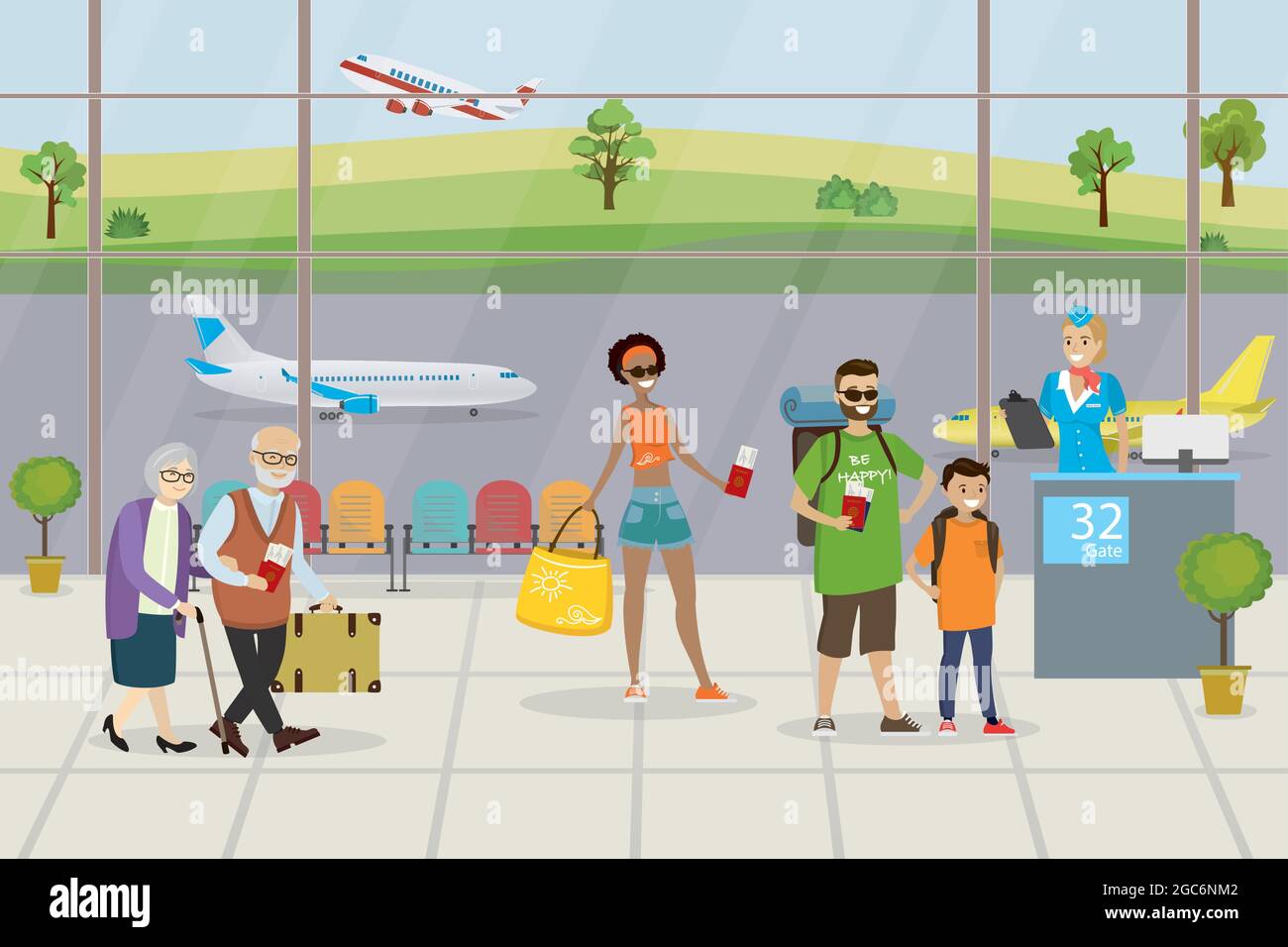 Coda di viaggiatori con bagaglio per il check-in per volo aereo. Hostess aria e personaggi diversi nella zona di partenza, Runway e aerei sul retro Illustrazione Vettoriale