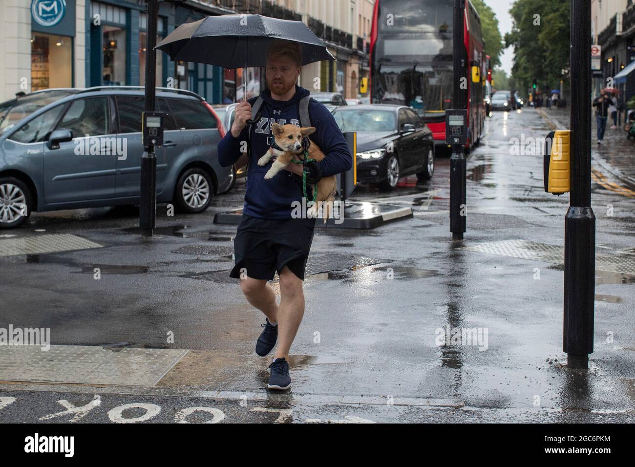 06/08/2021. Londra, Regno Unito. Un uomo porta il suo cane come rifugio sotto un ombrello durante una doccia a pioggia a Greenwich, nel sud-est di Londra. Photo credit: Geo Foto Stock