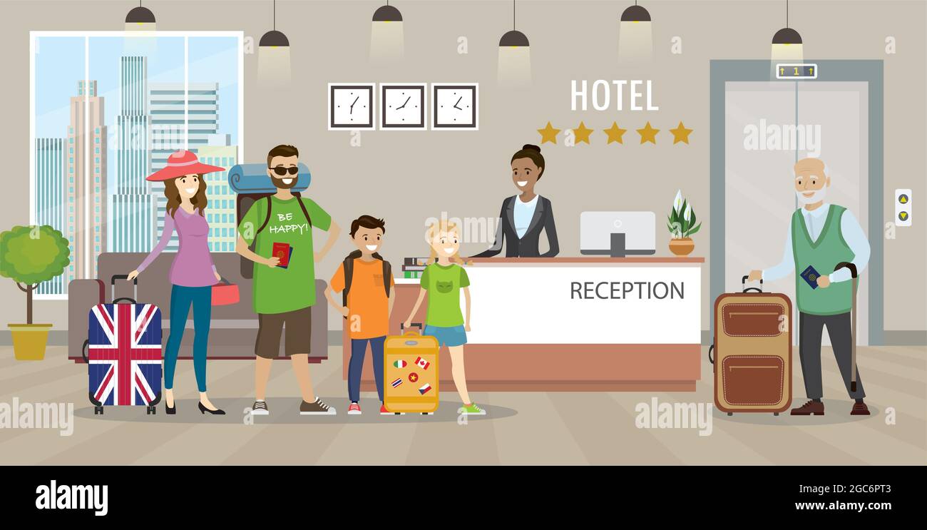 Cartoon persone con bagagli e donna receptionist.Travel e concetto di ospitalità Illustrazione Vettoriale