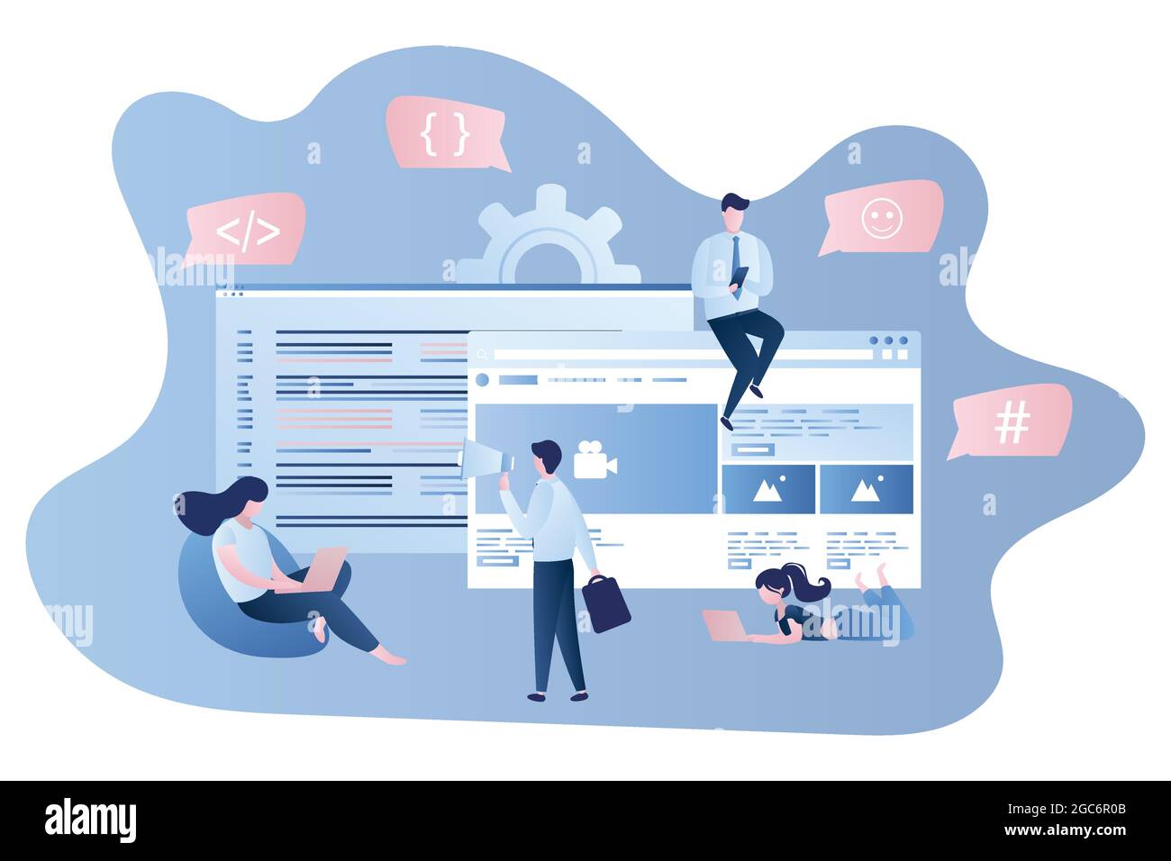 Sviluppo di software o applicazioni: Front-end e back-end, programmatori e persone aziendali Illustrazione Vettoriale