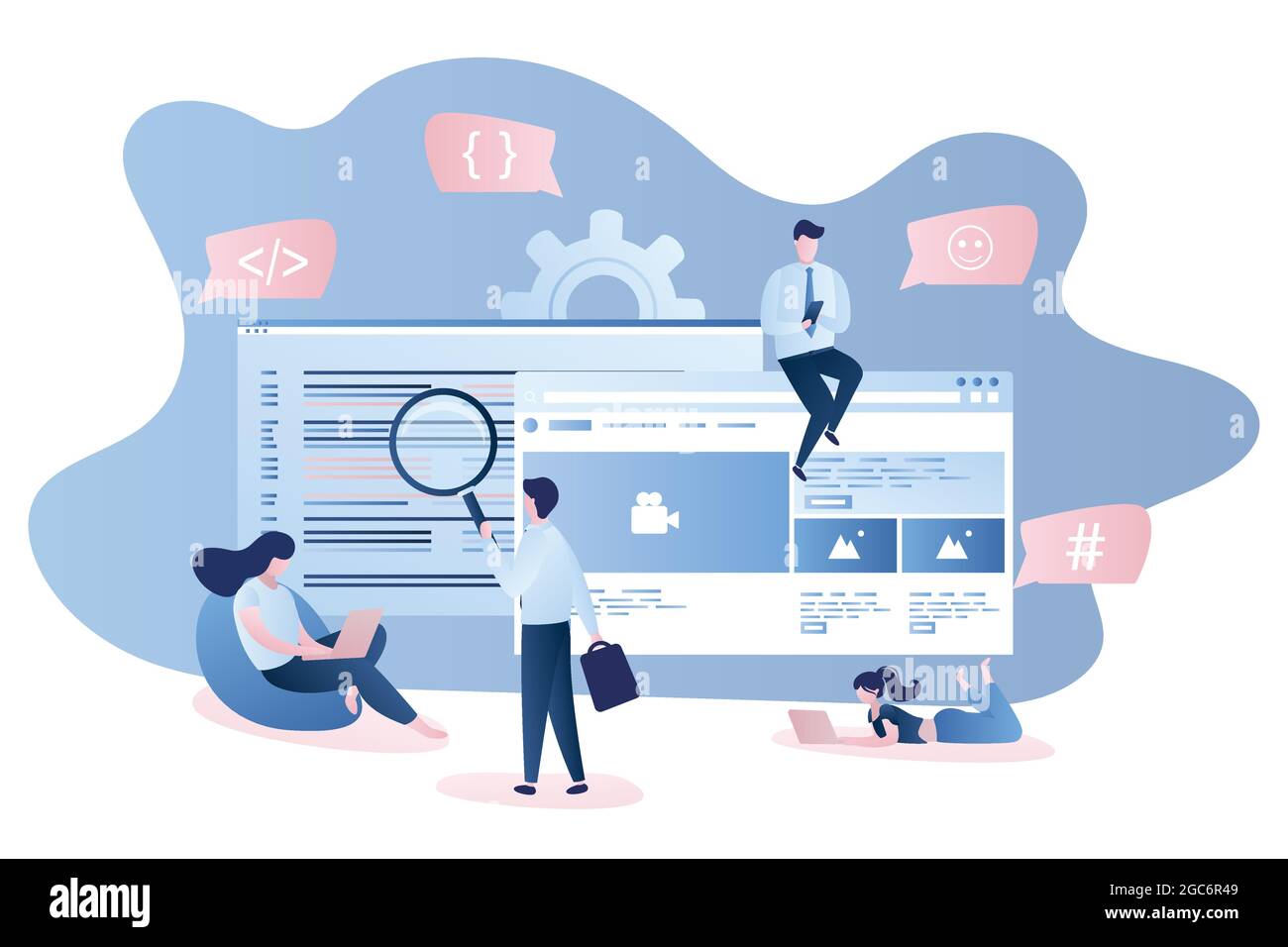 Sviluppo di software o applicazioni: Front-end e back-end, programmatori e persone aziendali Illustrazione Vettoriale