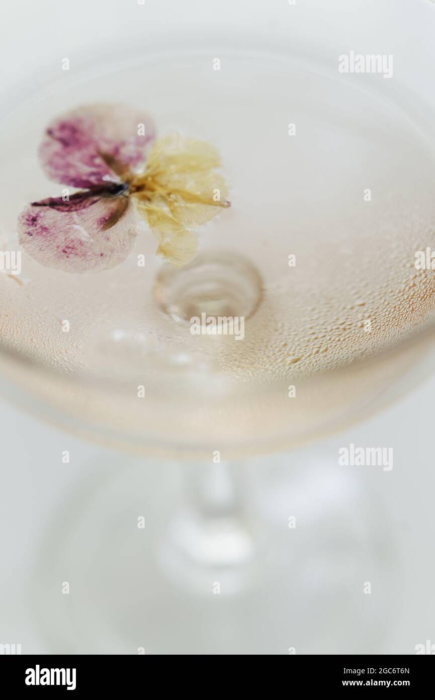 Vino rosato frizzante con contorno floreale commestibile Foto Stock