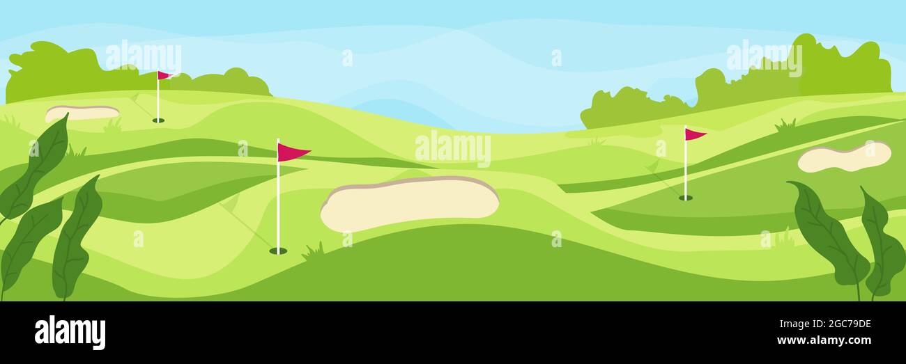 Illustrazione vettoriale del campo da golf. Popolare campo di attività sportive: Erba verde, bunker di sabbia, bandiere, prati. Paesaggio estivo. Illustrazione Vettoriale