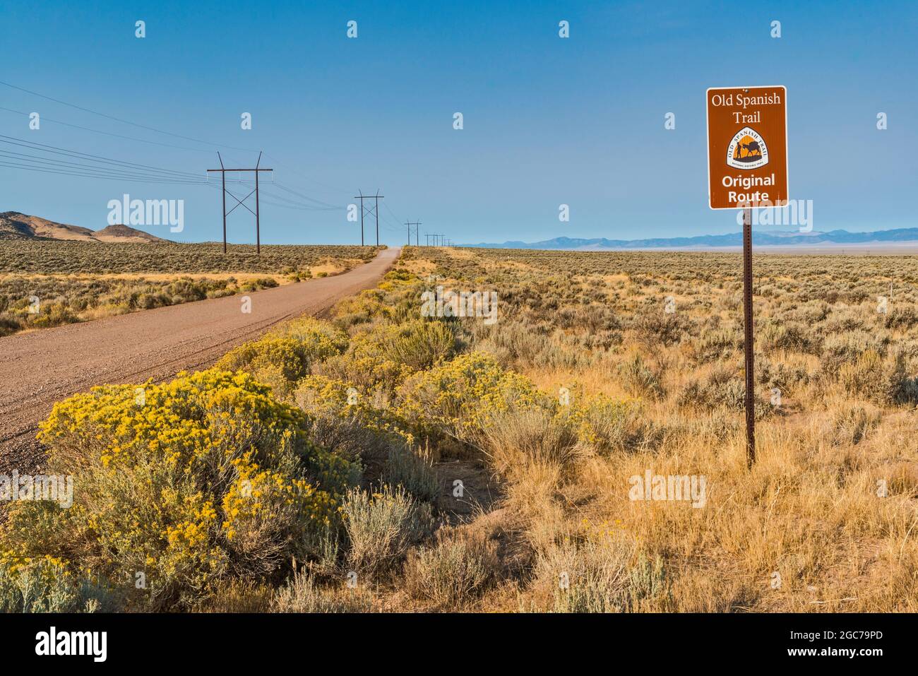 Old Spanish Trail signpost, deserto Escalante, Great Basin Desert, vicino a Cedar City, Utah, STATI UNITI Foto Stock