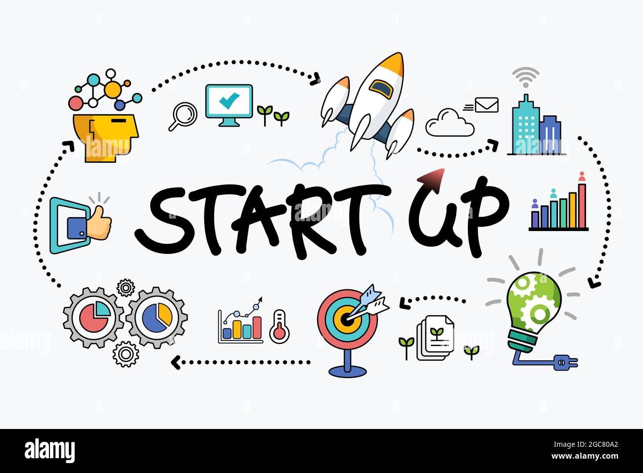 Supporto aziendale per startup, avvio dello sviluppo di idee, vettore di illustrazione del concetto di successo aziendale Illustrazione Vettoriale