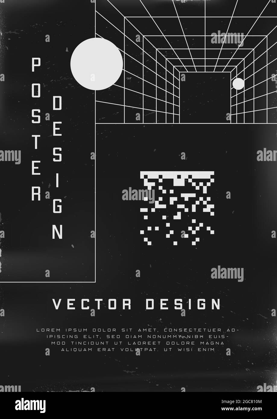 Poster dal design retrovuturistico. Poster in stile cyberpunk anni '80 con tunnel prospettico e pixel quadrati a 8 bit. Shabby graffiato modello volantino per il Illustrazione Vettoriale