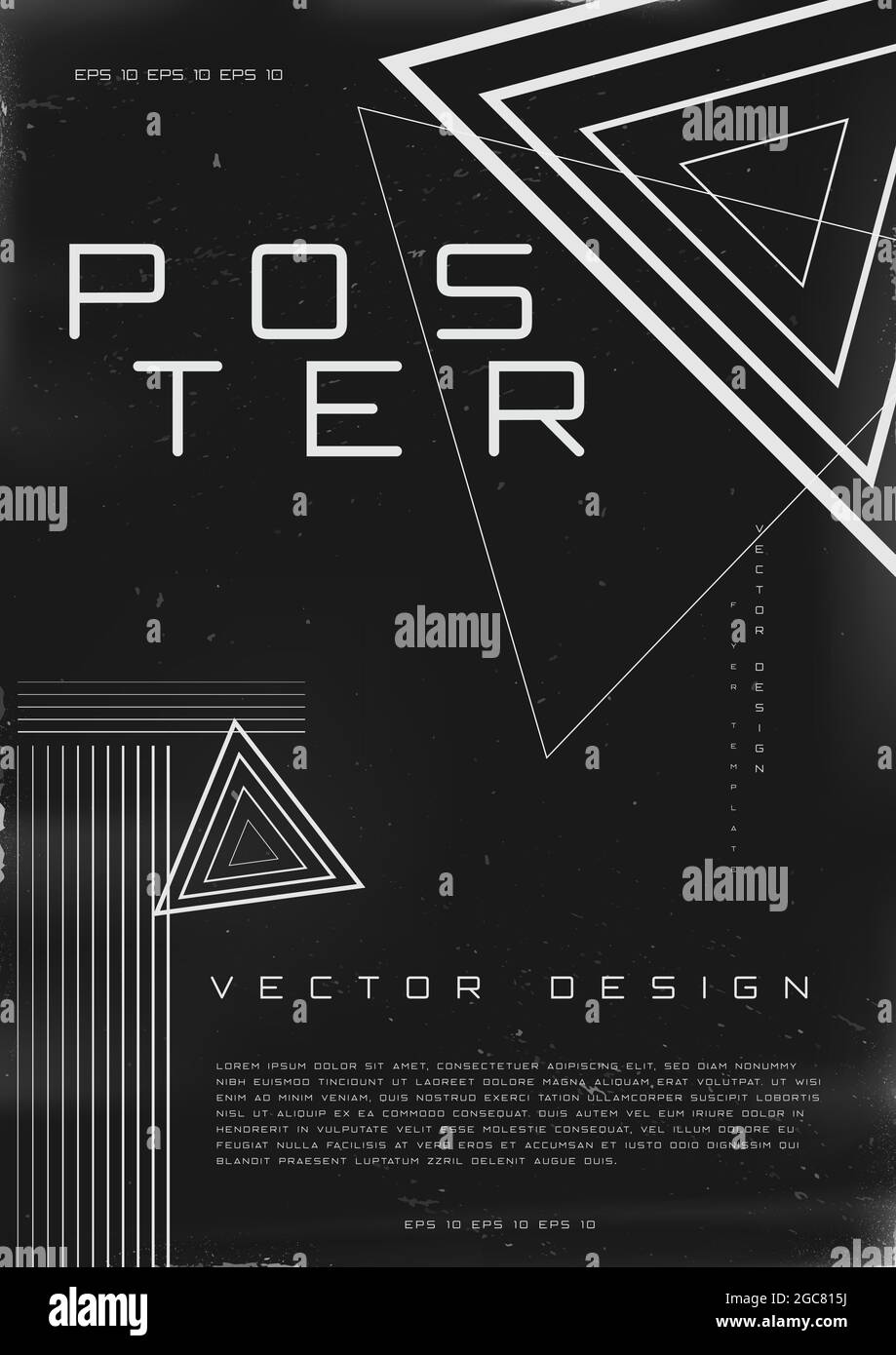 Poster dal design retrovuturistico. Poster in stile Cyberpunk 80s con forme triangolari. Modello shabby graffiato flyer per il tuo design. Vettore Illustrazione Vettoriale
