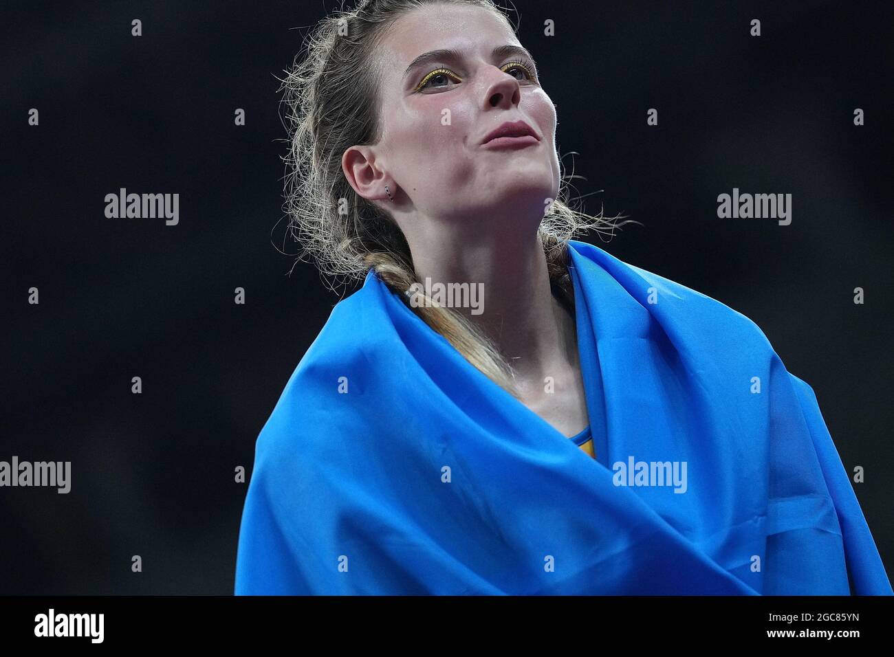 Tokyo, Giappone. 7 agosto 2021. Yaroslava Mahuchikh dell'Ucraina festeggia dopo la finale di salto alto femminile ai Giochi Olimpici di Tokyo 2020, a Tokyo, Giappone, il 7 agosto 2021. Credit: Yibo/Xinhua/Alamy Live News Foto Stock