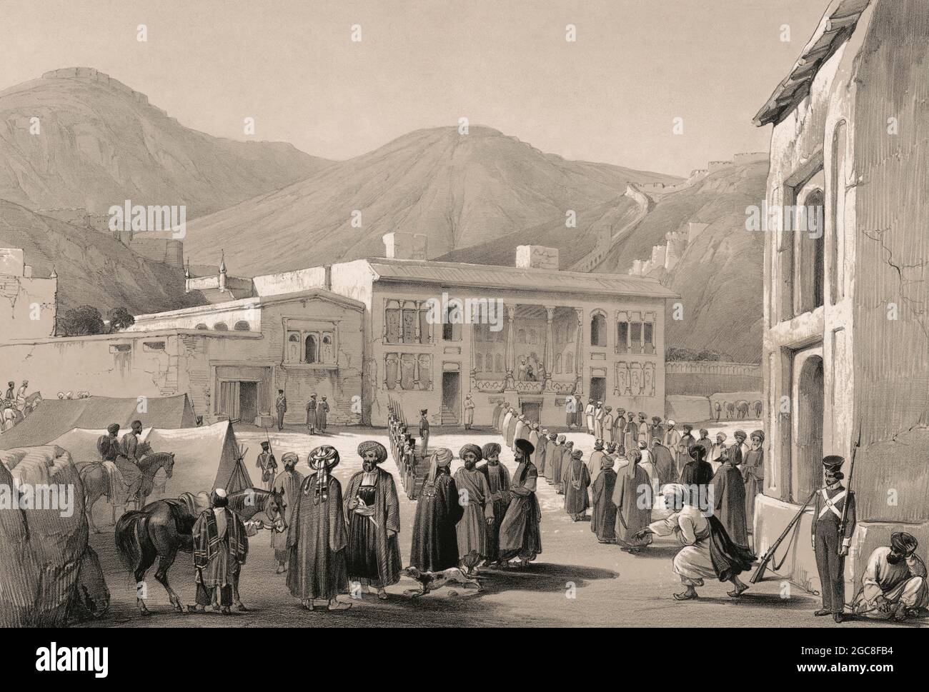 Padshah Sultan Shah Shuja Durrani seduto su un balcone, civili e soldati si riuniscono di fronte a lui, Kabul, Afghanistan, prima guerra anglo-afghana, schizzo di James Atkinson, 1839, ottimizzato digitalmente Foto Stock