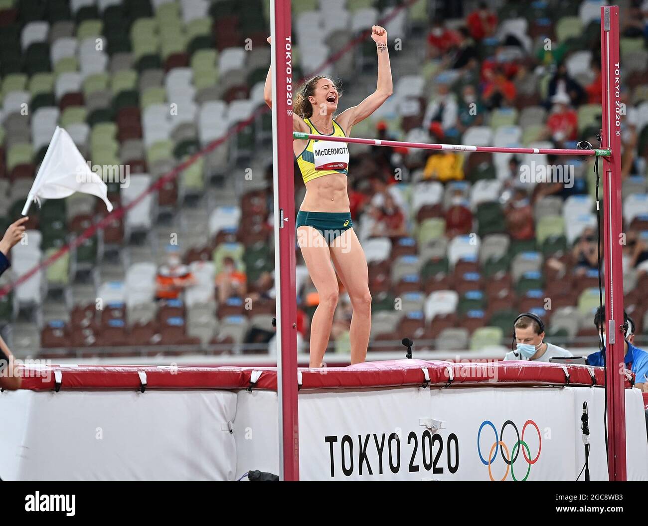 Tokyo, Giappone. 7 agosto 2021. Nicola McDermott dell'Australia reagisce durante la finale di salto alto femminile ai Giochi Olimpici di Tokyo 2020, a Tokyo, Giappone, 7 agosto 2021. Credit: Jia Yuchen/Xinhua/Alamy Live News Foto Stock