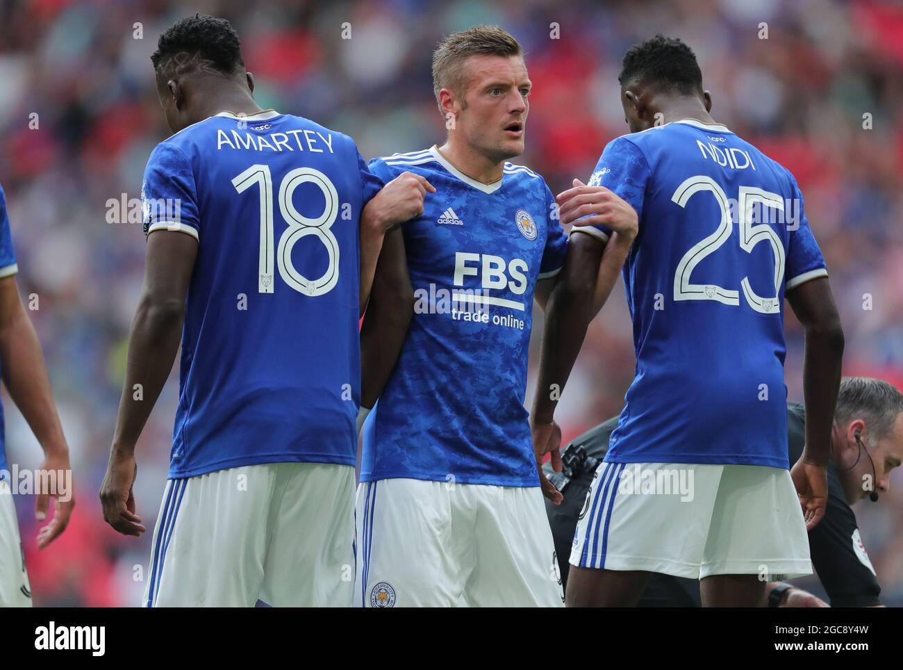 Daniel Amartey, Jamie Vardy, Wilfred Ndidi Foto Stock