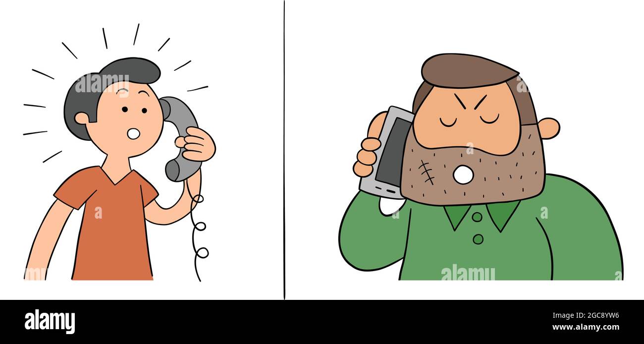 Cartoon colpevole uomo sta minacciando un altro uomo al telefono, illustrazione vettoriale. Contorni colorati e neri. Illustrazione Vettoriale