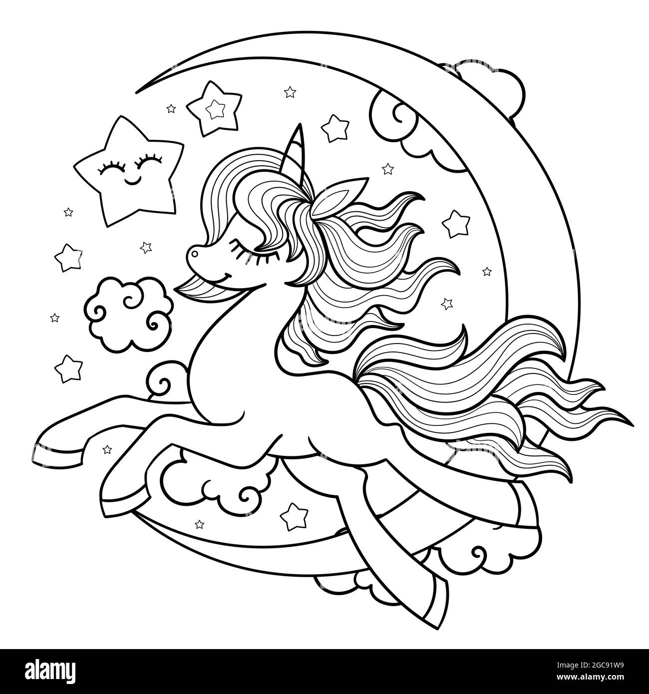 Unicorno con la luna. Illustrazione delle linee in bianco e nero per la colorazione. Vettore Illustrazione Vettoriale