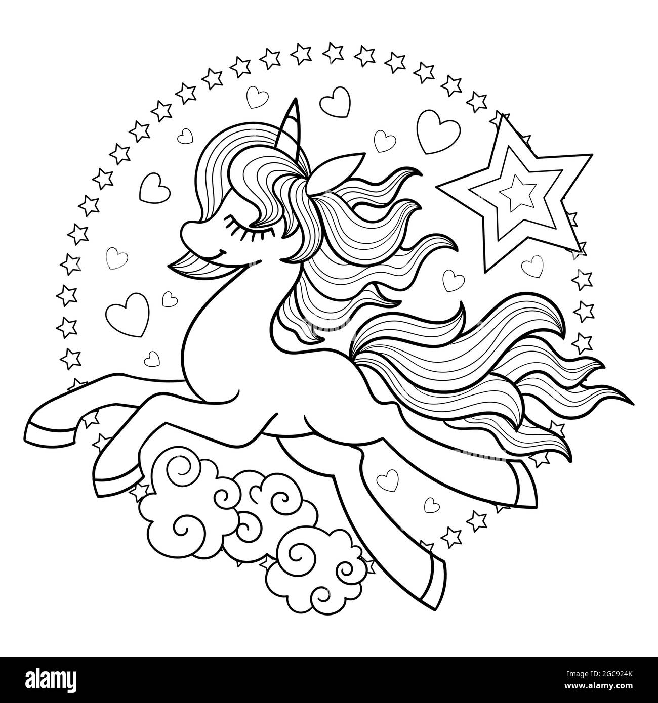 Carino unicorno pony cartoon. Disegno lineare in bianco e nero. Vettore Illustrazione Vettoriale