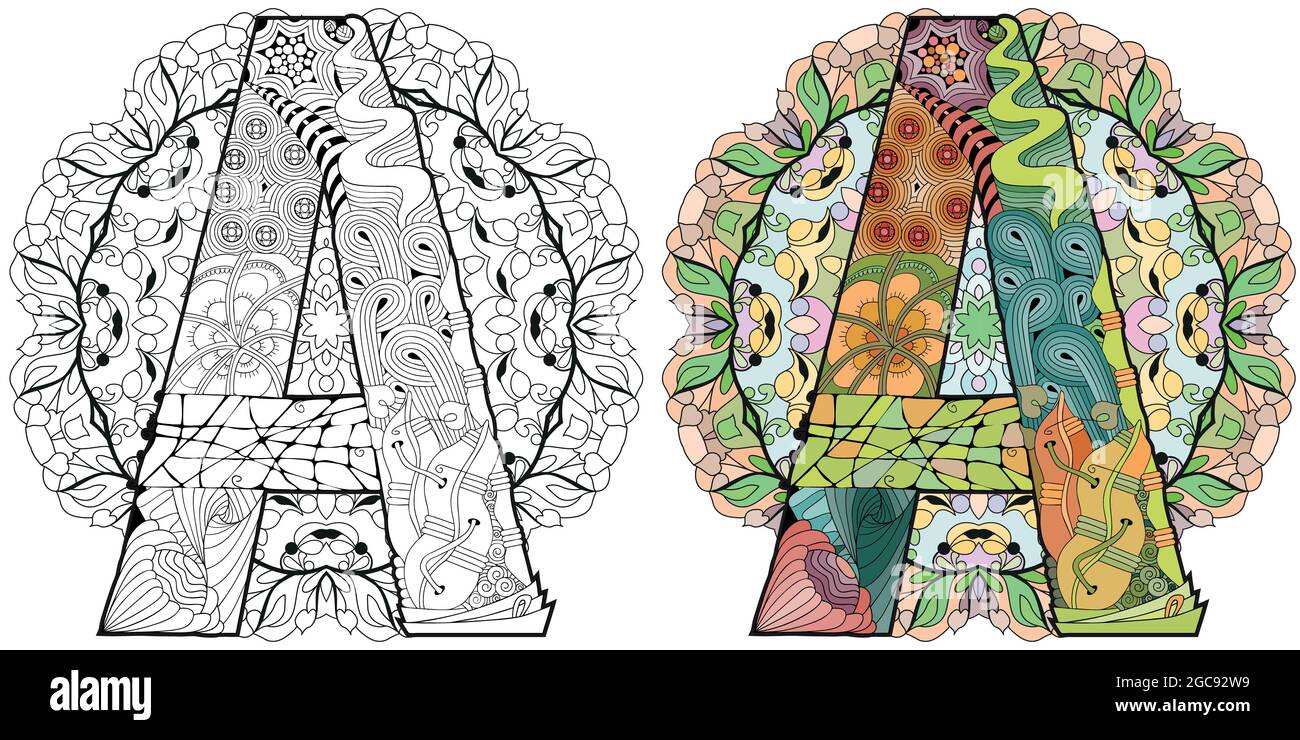 Mandala con lettera A per colorazione. Zentangle decorative vettoriali. Set di colori e contorni Illustrazione Vettoriale