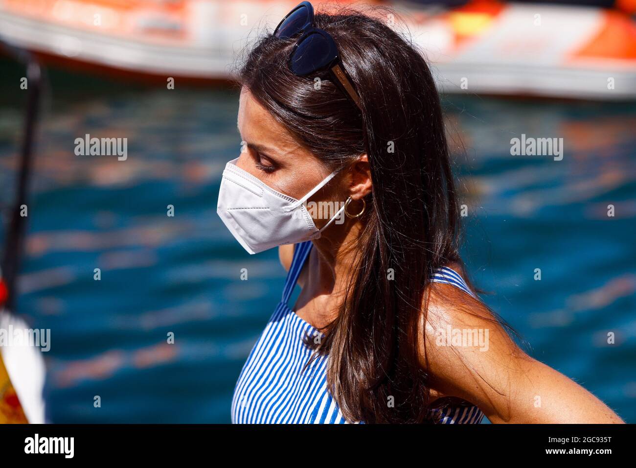 Palma, Spagna. 07 agosto 2021. **NESSUNA SPAGNA** il Re Felipe VI di Spagna, la Regina Letizia di Spagna, la Principessa ereditaria Leonor, la Principessa Sofia partecipano all'accoglienza e al tributo a Joan Cardona, dopo aver partecipato ai Giochi Olimpici di Tokyo 2020, vincendo una medaglia di bronzo nella classe Finn, Durante la 39° Coppa del mondo di vela Copa del Rey Mapfre - 6° giorno al Real Club Nautico il 7 agosto 2021 a Palma, Spagna. Credit: Jimmy Olsen/Media Punch/Alamy Live News Foto Stock