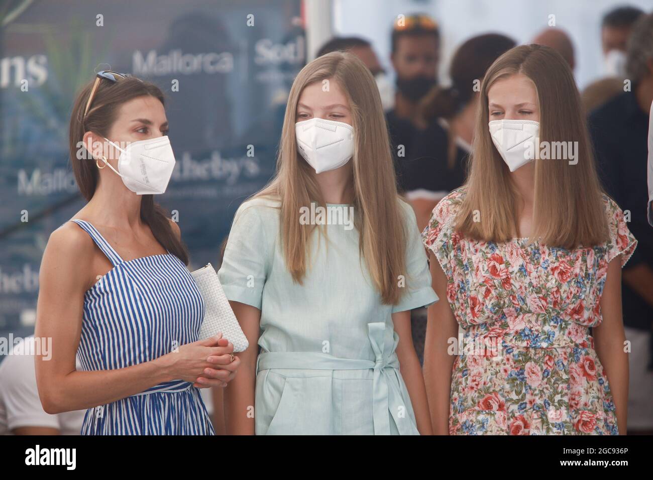 Palma, Spagna. 07 agosto 2021. **NESSUNA SPAGNA** il Re Felipe VI di Spagna, la Regina Letizia di Spagna, la Principessa ereditaria Leonor, la Principessa Sofia partecipano all'accoglienza e al tributo a Joan Cardona, dopo aver partecipato ai Giochi Olimpici di Tokyo 2020, vincendo una medaglia di bronzo nella classe Finn, Durante la 39° Coppa del mondo di vela Copa del Rey Mapfre - 6° giorno al Real Club Nautico il 7 agosto 2021 a Palma, Spagna. Credit: Jimmy Olsen/Media Punch/Alamy Live News Foto Stock