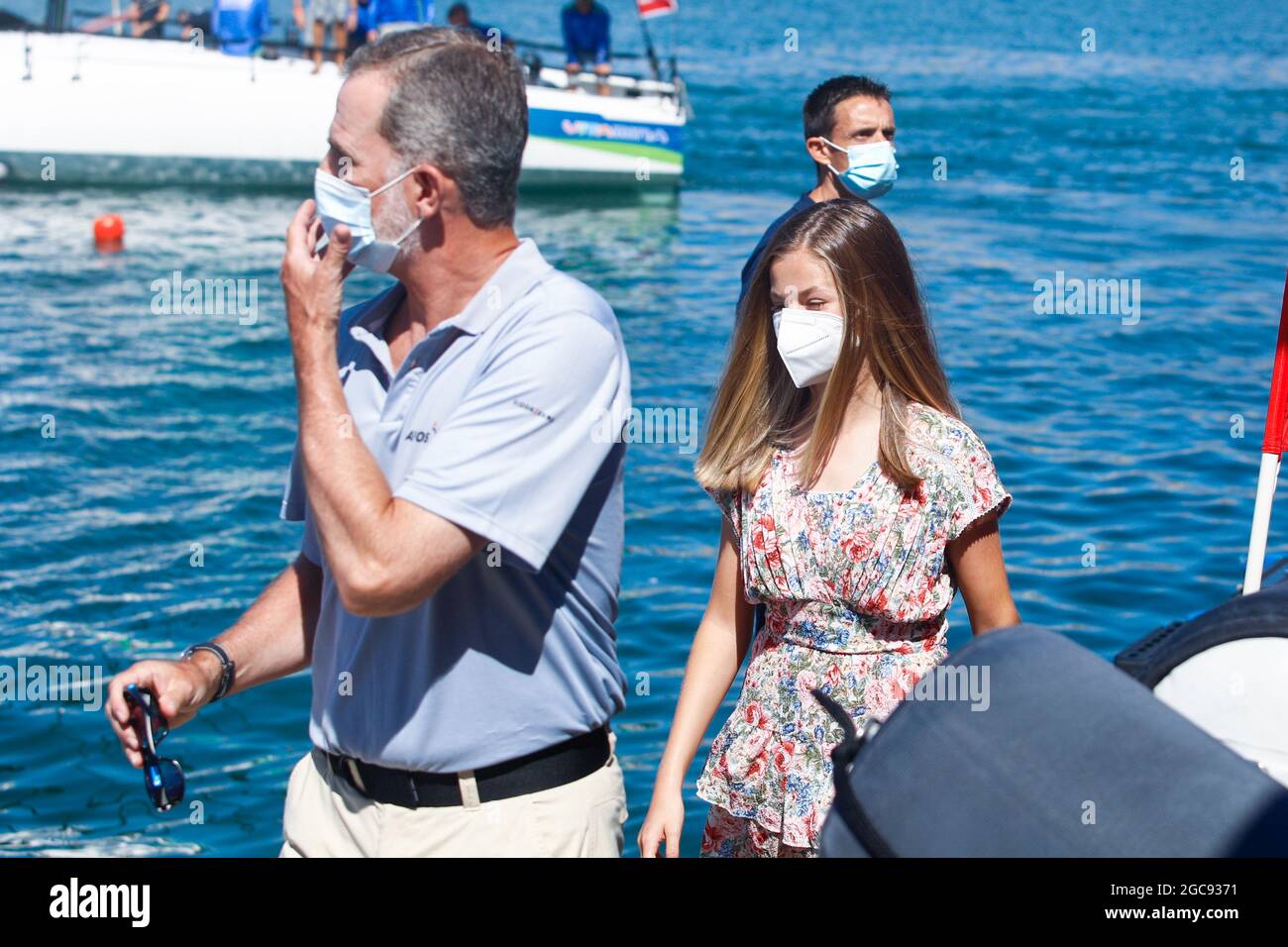 Palma, Spagna. 07 agosto 2021. **NESSUNA SPAGNA** il Re Felipe VI di Spagna, la Regina Letizia di Spagna, la Principessa ereditaria Leonor, la Principessa Sofia partecipano all'accoglienza e al tributo a Joan Cardona, dopo aver partecipato ai Giochi Olimpici di Tokyo 2020, vincendo una medaglia di bronzo nella classe Finn, Durante la 39° Coppa del mondo di vela Copa del Rey Mapfre - 6° giorno al Real Club Nautico il 7 agosto 2021 a Palma, Spagna. Credit: Jimmy Olsen/Media Punch/Alamy Live News Foto Stock