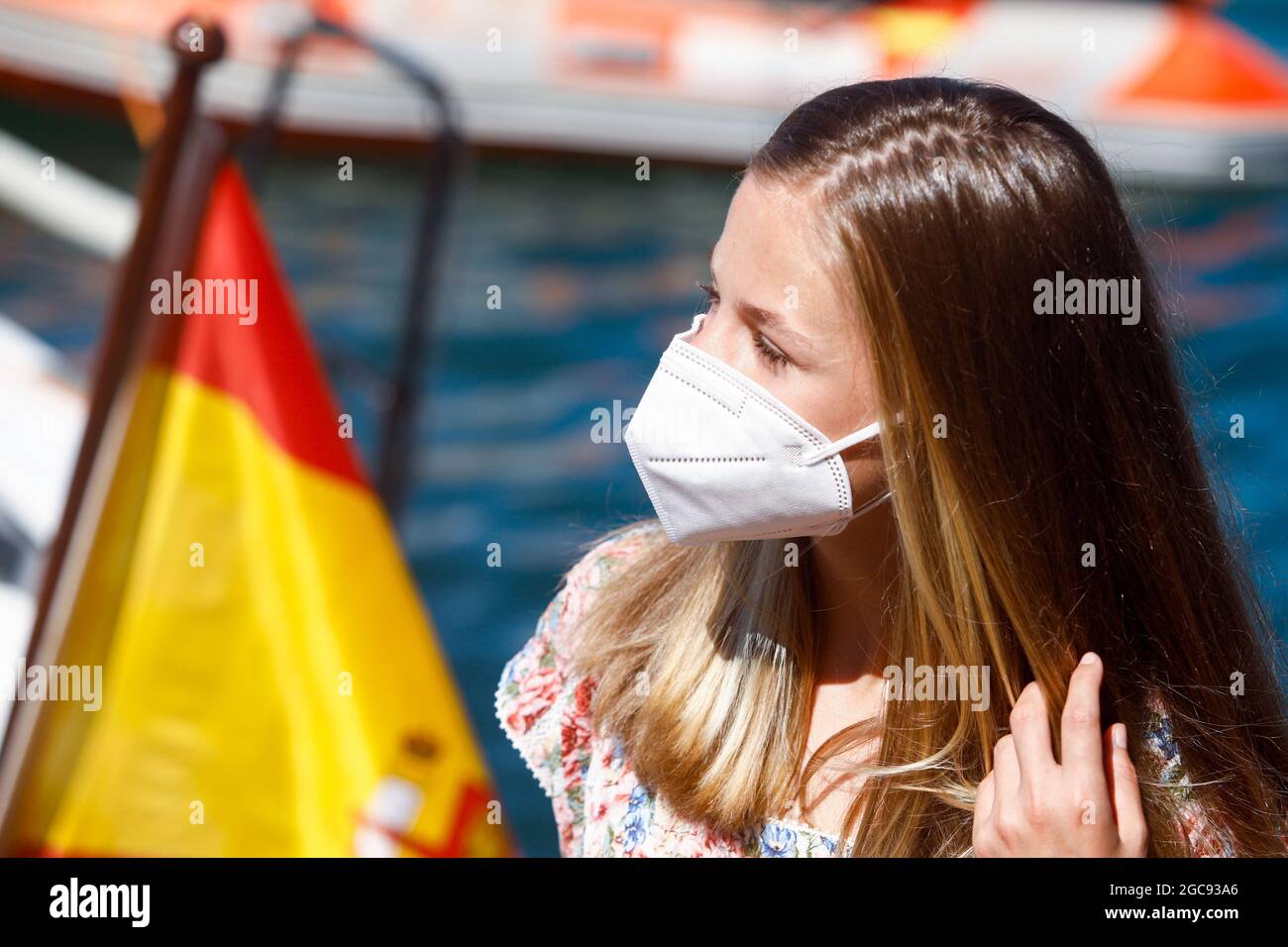 Palma, Spagna. 07 agosto 2021. **NESSUNA SPAGNA** il Re Felipe VI di Spagna, la Regina Letizia di Spagna, la Principessa ereditaria Leonor, la Principessa Sofia partecipano all'accoglienza e al tributo a Joan Cardona, dopo aver partecipato ai Giochi Olimpici di Tokyo 2020, vincendo una medaglia di bronzo nella classe Finn, Durante la 39° Coppa del mondo di vela Copa del Rey Mapfre - 6° giorno al Real Club Nautico il 7 agosto 2021 a Palma, Spagna. Credit: Jimmy Olsen/Media Punch/Alamy Live News Foto Stock