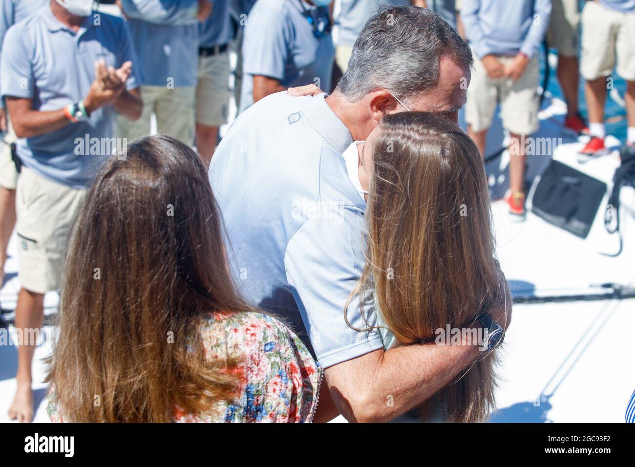Palma, Spagna. 07 agosto 2021. **NESSUNA SPAGNA** il Re Felipe VI di Spagna, la Regina Letizia di Spagna, la Principessa ereditaria Leonor, la Principessa Sofia partecipano all'accoglienza e al tributo a Joan Cardona, dopo aver partecipato ai Giochi Olimpici di Tokyo 2020, vincendo una medaglia di bronzo nella classe Finn, Durante la 39° Coppa del mondo di vela Copa del Rey Mapfre - 6° giorno al Real Club Nautico il 7 agosto 2021 a Palma, Spagna. Credit: Jimmy Olsen/Media Punch/Alamy Live News Foto Stock