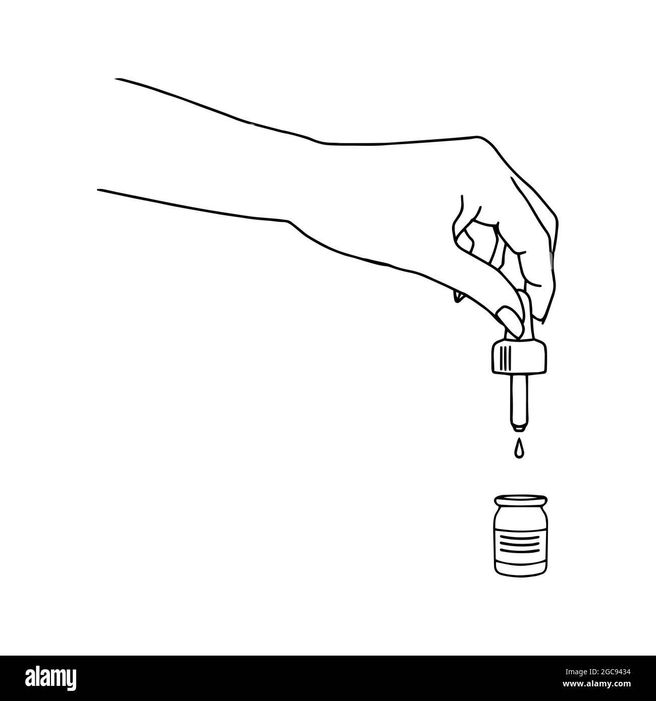 Una mano con un contagocce e una caduta. Doodle. Illustrazione vettoriale. Adatto per l'uso su Internet, stampa o pubblicità. Illustrazione Vettoriale