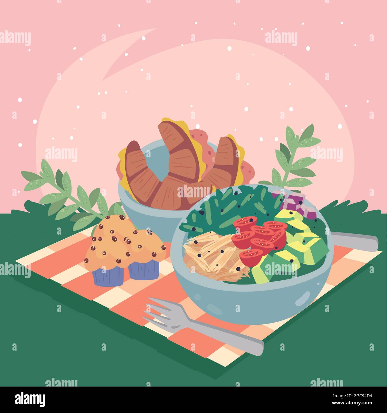 insalata e croissant con cupcake Illustrazione Vettoriale