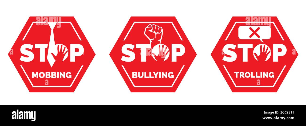 Stop mobbing, bulling vettore trolling. Icona rossa di stop. Segnale di arresto, mantenere la distanza. Illustrazione a mano con il simbolo di arresto Illustrazione Vettoriale
