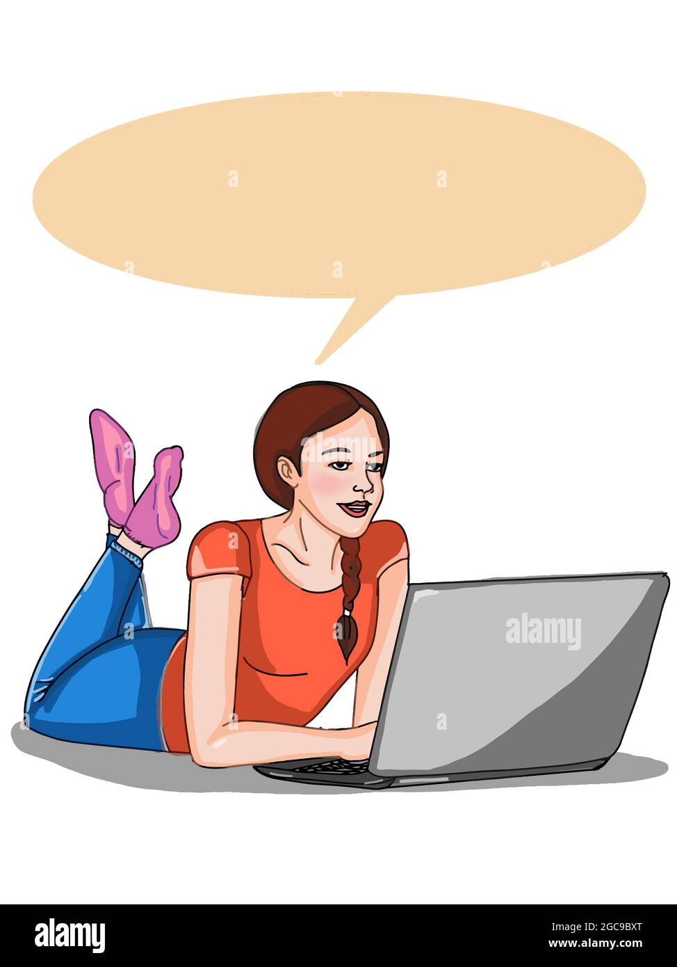 giovane ragazza alla ricerca con laptop e bolla del discorso Foto Stock