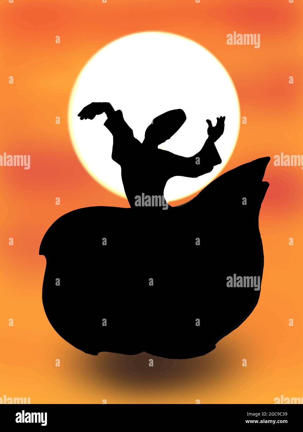mevlevi semazen illustrazione vorticosa che disegna la silhouette del tramonto Foto Stock