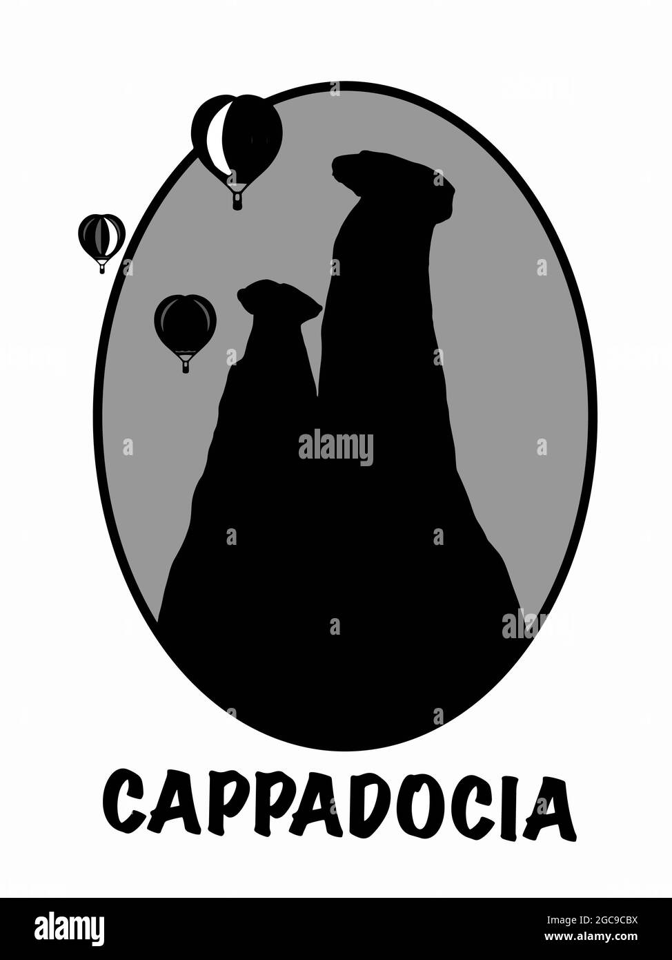 Illustrazione dell'icona Cappadocia, cornice circolare grigia, sfondo bianco Foto Stock