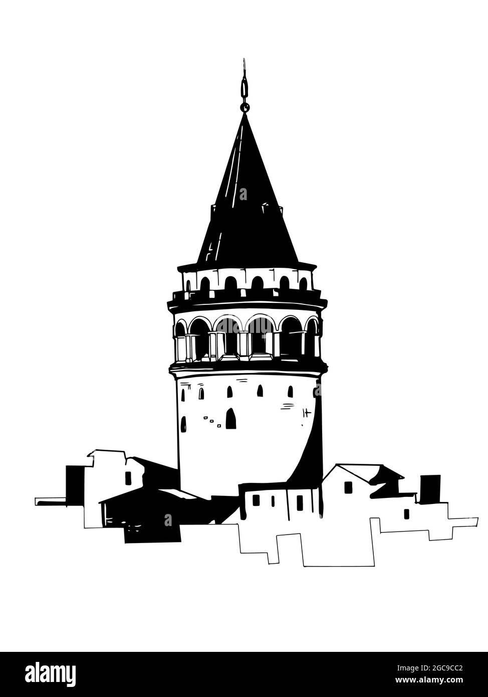 Galata torre storia illustrazione bianco nero colori Foto Stock