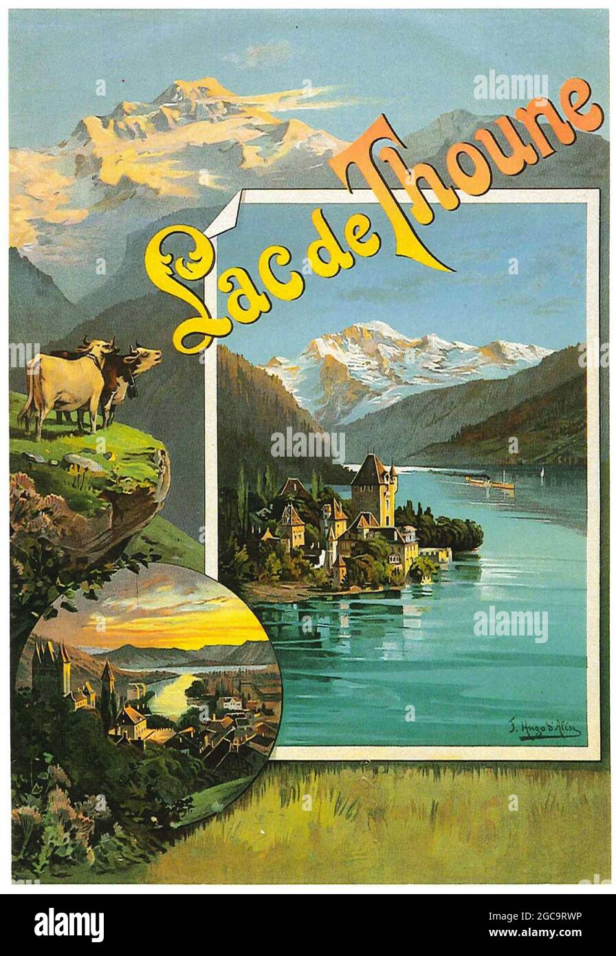 Un poster di viaggio d'epoca per Lac Thoune (Lago di Thun, Thunersee) nell'Oberland Bernese, Svizzera Foto Stock